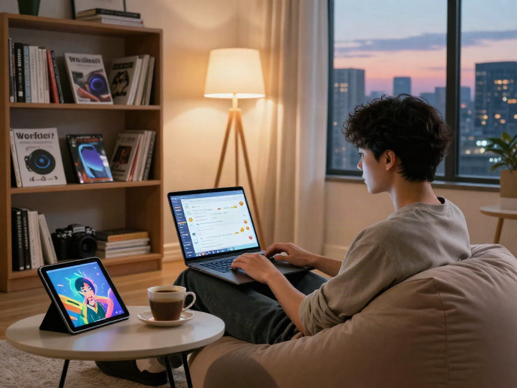 Young adult engaging in ai porn chat on laptop in cozy setting