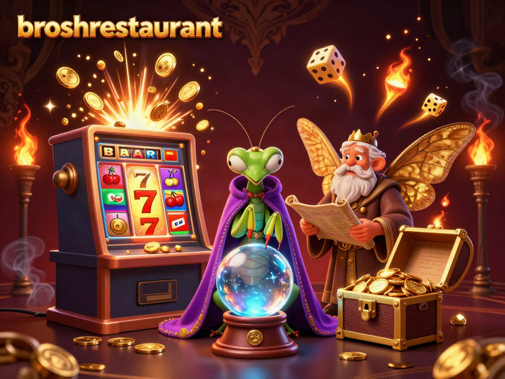 Experience fortune-telling at broshrestaurant with casino-themed characters and elements, bursting with action and coins.