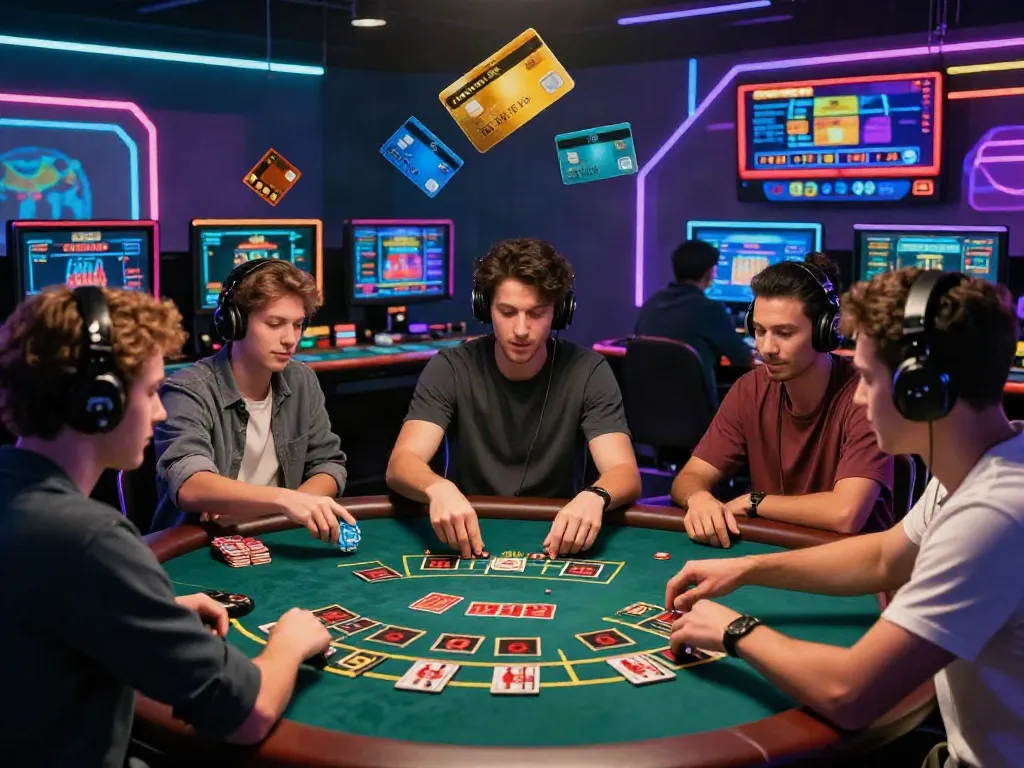 Excited players experiencing credit card casinos in a vibrant, immersive online gaming environment.