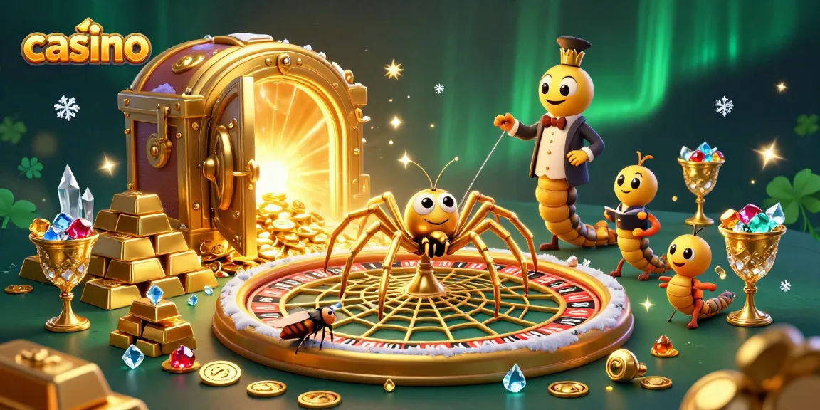Experience thrilling casino action with a whimsical 3D golden spider and centipede croupier in an immersive gaming scene.