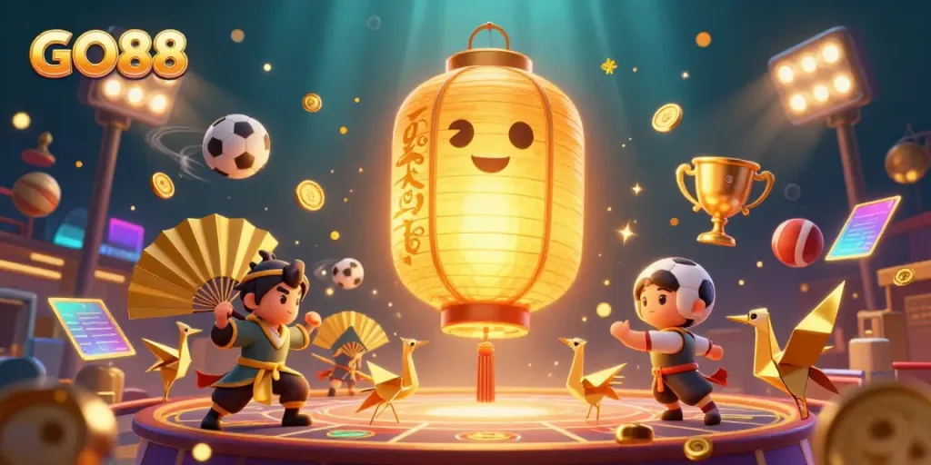 Engage with the vibrant GO88 casino experience, surrounded by lucky symbols and dynamic sports betting elements.