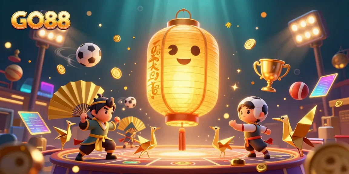 Engage with the vibrant GO88 casino experience, surrounded by lucky symbols and dynamic sports betting elements.