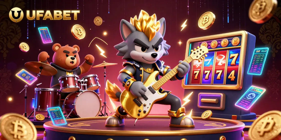 Join the excitement at UFABET with a dynamic scene of a rock star wolf and drummer bear illustrating vibrant casino action.