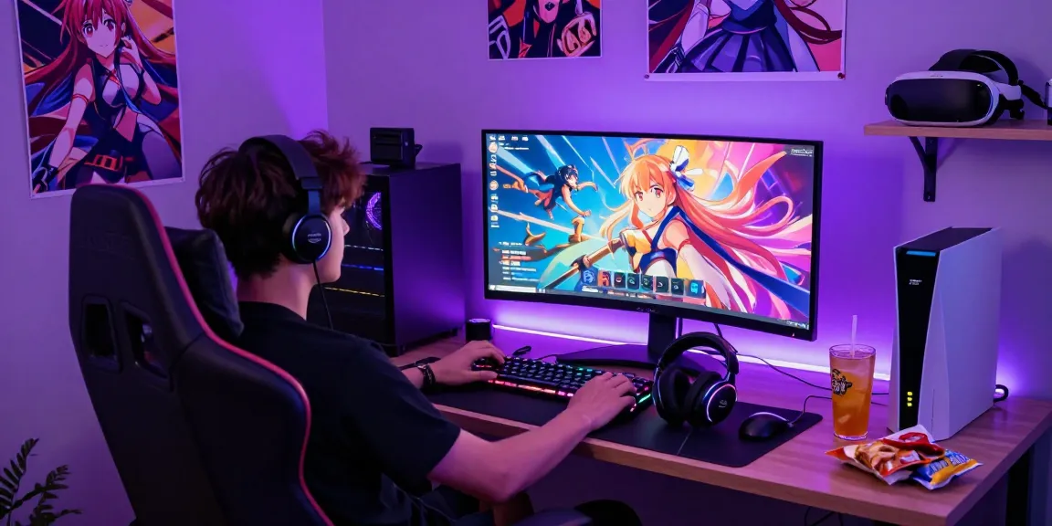 Engaging scene of a gamer immersed in a vibrant hentai game environment with anime characters and RGB lighting.