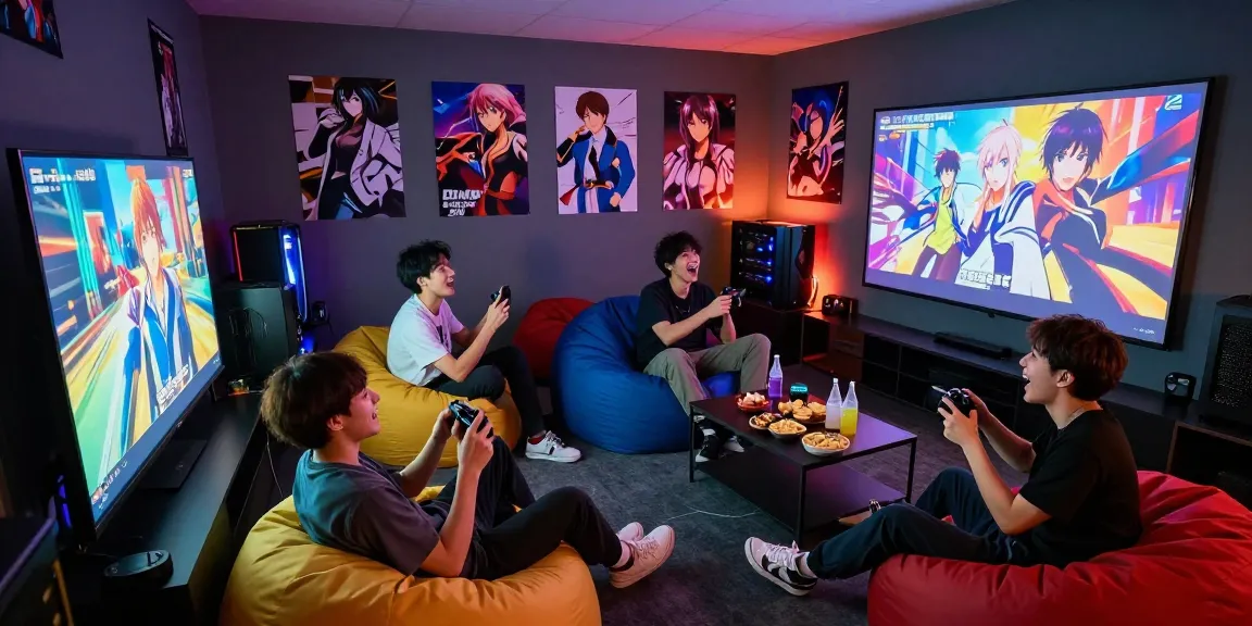 Playful group enjoying hentaigames in a cozy gaming room.