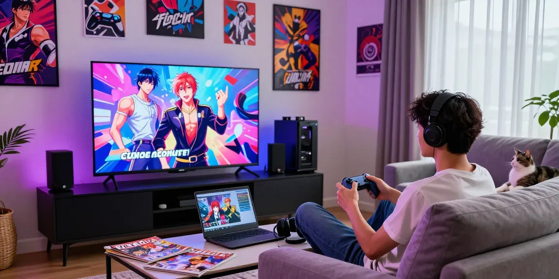 Gamer enjoying ecchi games in a modern living room with colorful decor.