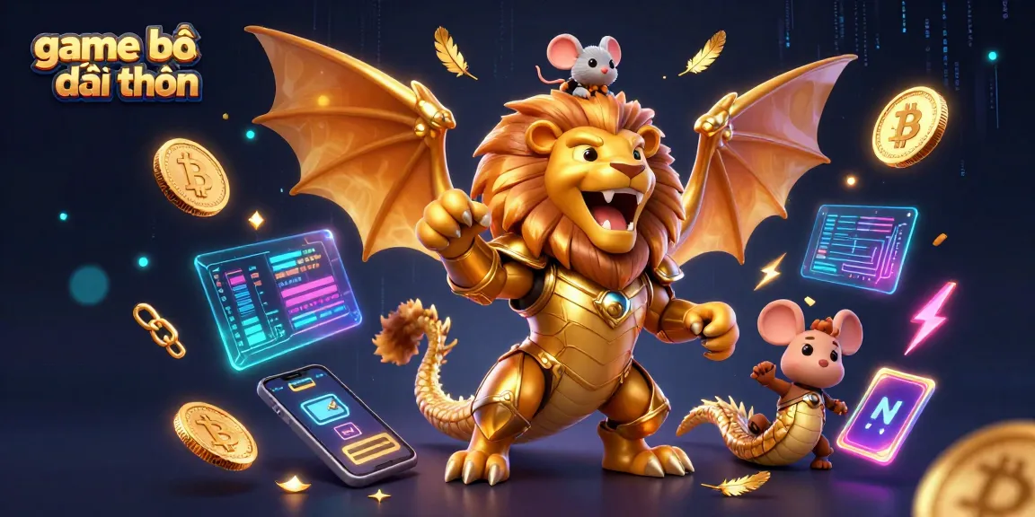 Experience the thrill of game bài đổi thưởng in this vibrant 3D scene featuring a chimera and crypto elements.