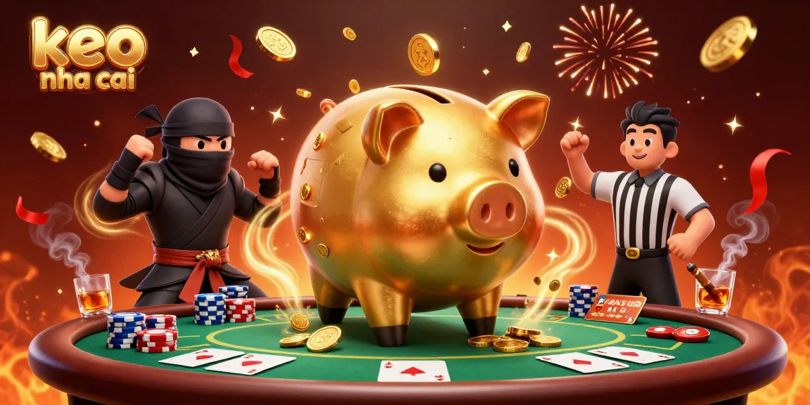 Engage in exciting keo nha cai action with a golden piggy bank sumo wrestler amid vibrant casino elements.