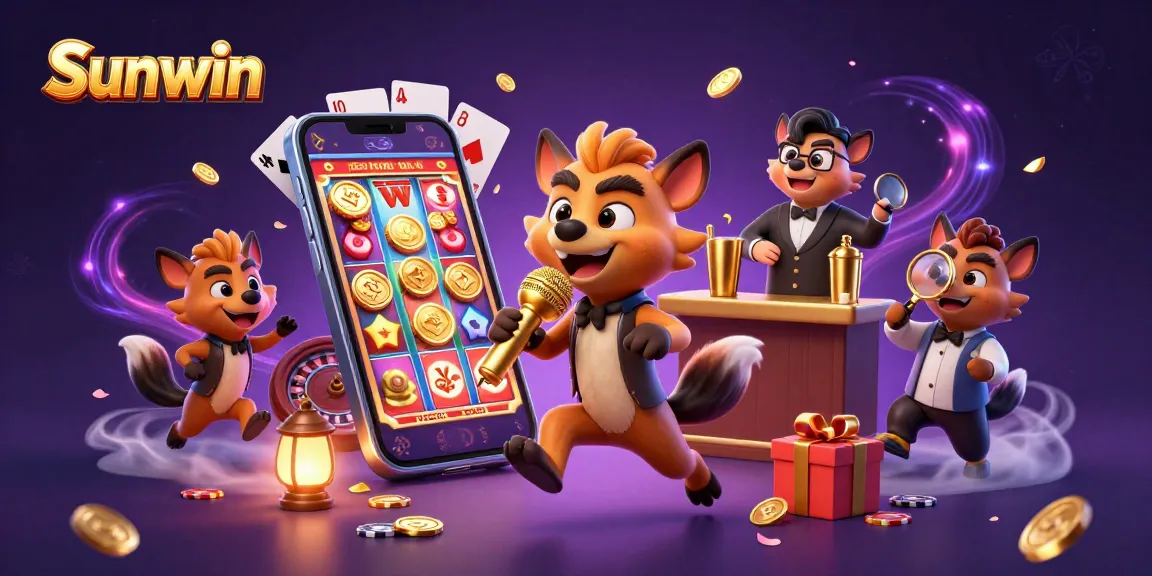 Experience Sunwin's lively casino scene with hyenas entertaining and vibrant gaming elements.