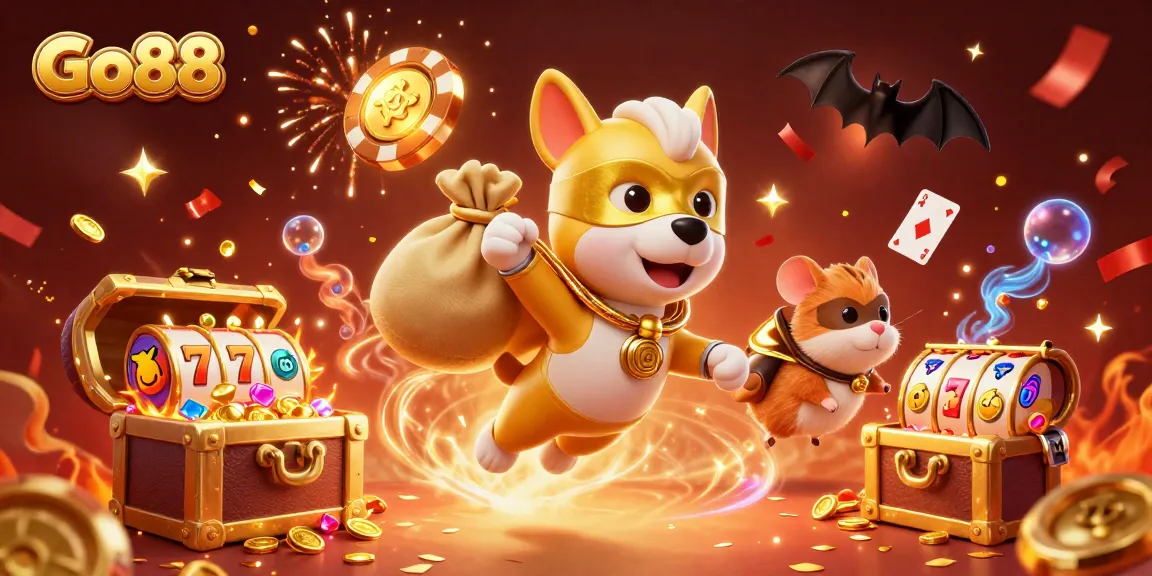 Go88 offers an exciting casino experience with cartoon heroes, celebrating wins with confetti and colorful game elements.