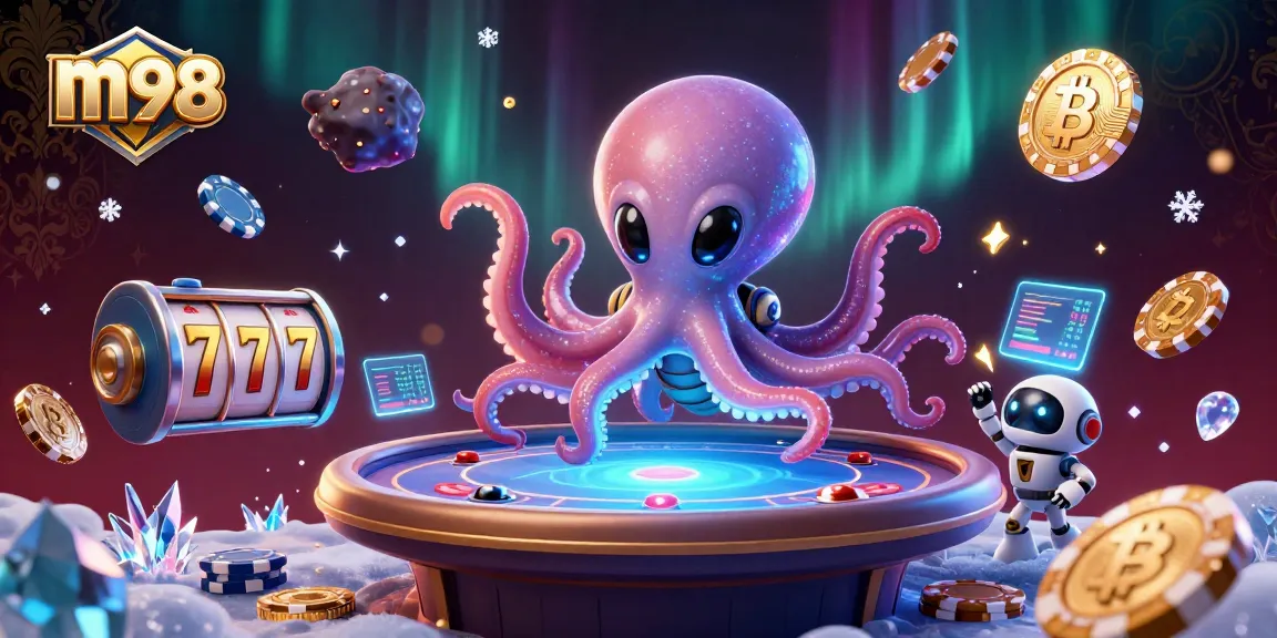 Experience the thrill of m98 with a vibrant, dynamic casino scene showcasing exciting 3D characters and games.