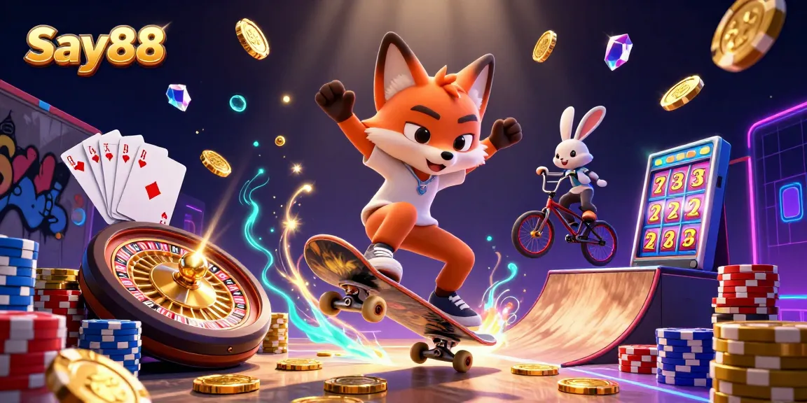 Experience thrilling action at Say88 while the cartoon fox kicks flips over golden chips in a vibrant casino.