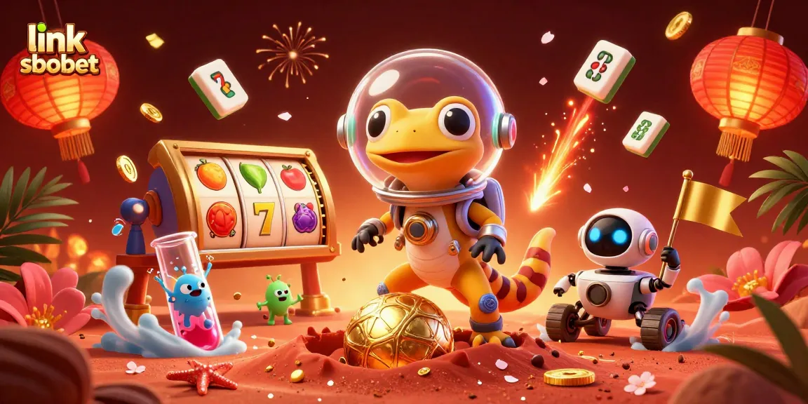 Bet on link sbobet with a vibrant 3D casino discovery by a Martian gecko in a vibrant scene.