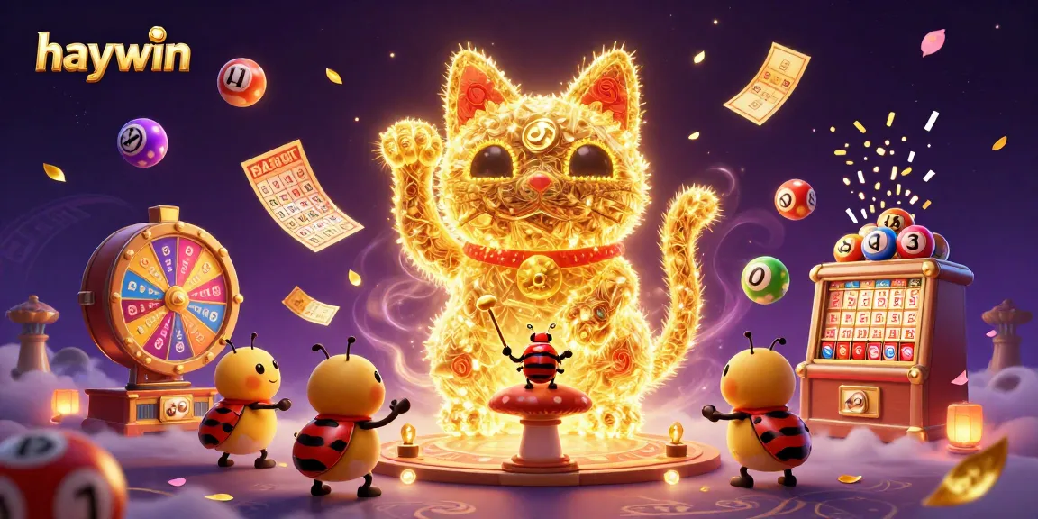 Play and win big with haywin, featuring a lively lucky cat amidst colorful casino elements.