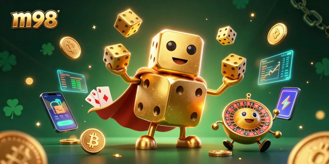 Engage with m98 in a vibrant 3D illustration of a gambling fantasy scene showcasing casino elements.