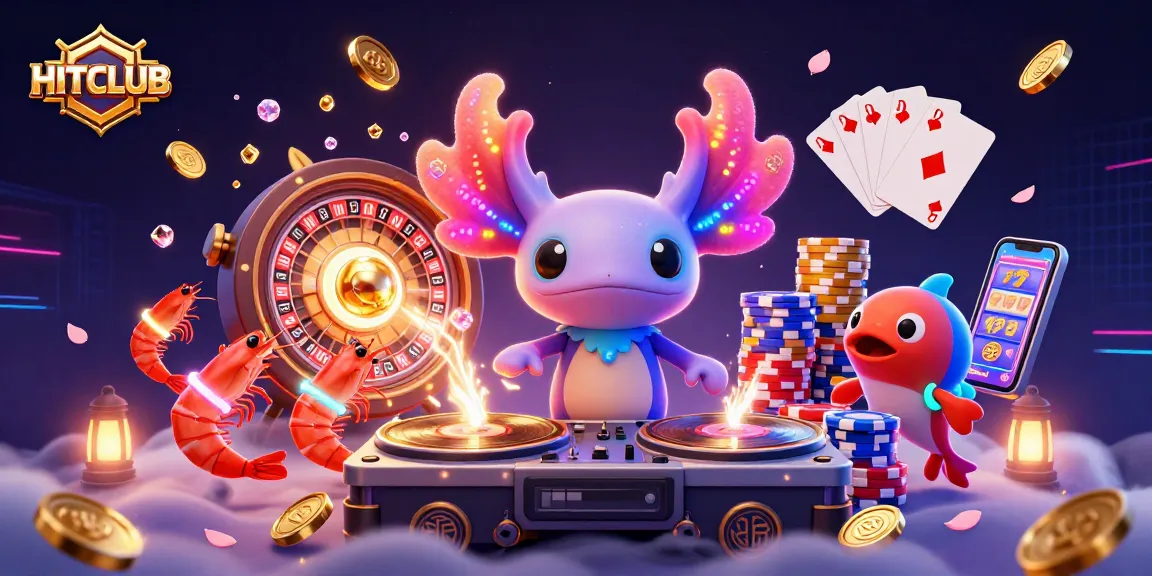 Experience HITCLUB like never before with vibrant characters and dynamic casino elements in this lively 3D illustration.