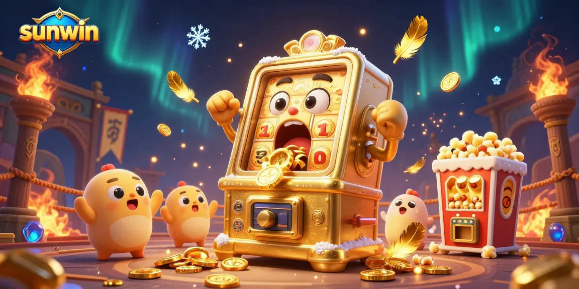 sunwin slot machine surprises with jackpots as gold coins rain down, exciting gambling scene