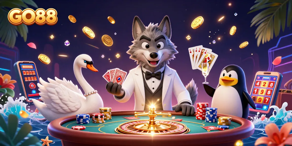 Experience gaming excitement at GO88 with iconic characters and luxury casino elements.