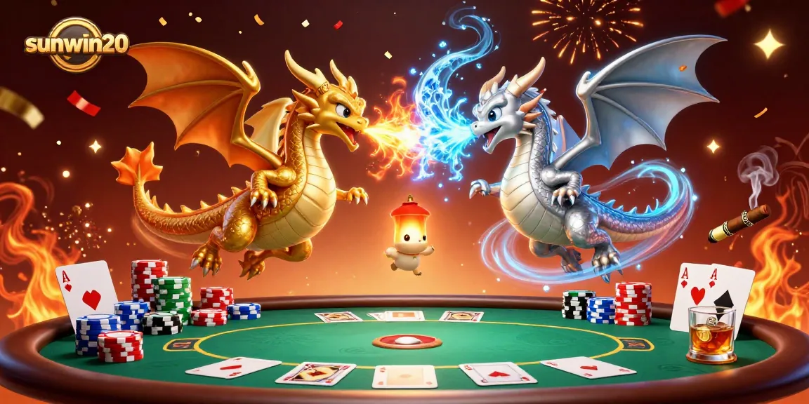 Engage with the thrilling action at sunwin20, featuring heroic dragons and cards in a vibrant casino scene.